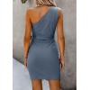 imagePRETTYGARDEN Womens Summer One Shoulder Mini Short Dresses Irregular Hem Belted Fitted Spring Cocktail Party DressDark Blue