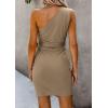 imagePRETTYGARDEN Womens Summer One Shoulder Mini Short Dresses Irregular Hem Belted Fitted Spring Cocktail Party DressDark Khaki