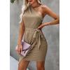 imagePRETTYGARDEN Womens Summer One Shoulder Mini Short Dresses Irregular Hem Belted Fitted Spring Cocktail Party DressDark Khaki