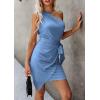 imagePRETTYGARDEN Womens Summer One Shoulder Mini Short Dresses Irregular Hem Belted Fitted Spring Cocktail Party DressGrey Blue