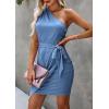 imagePRETTYGARDEN Womens Summer One Shoulder Mini Short Dresses Irregular Hem Belted Fitted Spring Cocktail Party DressGrey Blue