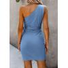 imagePRETTYGARDEN Womens Summer One Shoulder Mini Short Dresses Irregular Hem Belted Fitted Spring Cocktail Party DressGrey Blue
