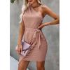 imagePRETTYGARDEN Womens Summer One Shoulder Mini Short Dresses Irregular Hem Belted Fitted Spring Cocktail Party DressNude Pink