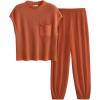 imagePRETTYGARDEN 2 Piece Outfits for Women Summer 2026 Knit Vest Tops Sweatpants Spring Beach Vacation Travel Sweater Lounge SetRust Red