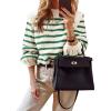imagePRETTYGARDEN Fall Sweaters for Women 2025 Long Sleeve Crewneck Blouses Dressy Casual Ribbed Striped Knit Pullover Jumper TopsStriped Green