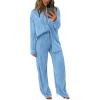 imagePRETTYGARDEN Womens 2 Piece Sets 2026 Fall Casual Textured Button Down Shirt Wide Leg Pants Outfits Loungewear TracksuitLight Blue