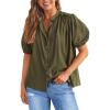 imagePRETTYGARDEN Womens 2026 Summer Button Down Shirts Short Lantern Sleeve V Neck Cotton Cute Tops Dressy Casual BlousesArmy Green