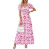 imagePRETTYGARDEN Womens Floral Boho Maxi Dresses Flowy Short Sleeve A Line Smocked Eyelet 2026 Summer Beach Vacation ClothesLeaves Pink