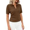 imagePRETTYGARDEN Womens Short Sleeve Sweater 2026 Spring Polo Shirts Ribbed Knit V Neck Business Casual Tops Summer Work ClothesBrown