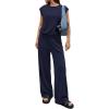 imagePRETTYGARDEN Womens Summer 2 Piece Lounge Sets 2026 Cap Sleeve Tops Wide Leg Pants Workout Sets Loose Casual TracksuitNavy Blue