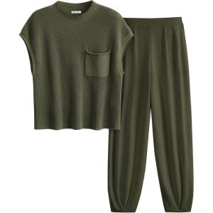 imagePRETTYGARDEN 2 Piece Outfits for Women Summer 2026 Knit Vest Tops Sweatpants Spring Beach Vacation Travel Sweater Lounge SetArmy Green