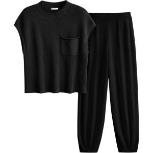 imagePRETTYGARDEN 2 Piece Outfits for Women Summer 2026 Knit Vest Tops Sweatpants Spring Beach Vacation Travel Sweater Lounge SetBlack