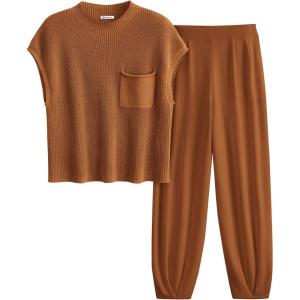 imagePRETTYGARDEN 2 Piece Outfits for Women Summer 2026 Knit Vest Tops Sweatpants Spring Beach Vacation Travel Sweater Lounge SetBrown