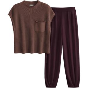 imagePRETTYGARDEN 2 Piece Outfits for Women Summer 2026 Knit Vest Tops Sweatpants Spring Beach Vacation Travel Sweater Lounge SetCoffee