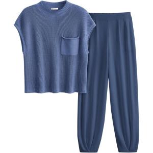imagePRETTYGARDEN 2 Piece Outfits for Women Summer 2026 Knit Vest Tops Sweatpants Spring Beach Vacation Travel Sweater Lounge SetDark Blue