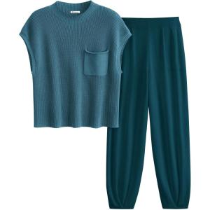 imagePRETTYGARDEN 2 Piece Outfits for Women Summer 2026 Knit Vest Tops Sweatpants Spring Beach Vacation Travel Sweater Lounge SetGrey Blue