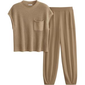 imagePRETTYGARDEN 2 Piece Outfits for Women Summer 2026 Knit Vest Tops Sweatpants Spring Beach Vacation Travel Sweater Lounge SetKhaki