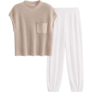 imagePRETTYGARDEN 2 Piece Outfits for Women Summer 2026 Knit Vest Tops Sweatpants Spring Beach Vacation Travel Sweater Lounge SetKhaki Beige White