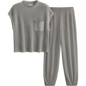 imagePRETTYGARDEN 2 Piece Outfits for Women Summer 2026 Knit Vest Tops Sweatpants Spring Beach Vacation Travel Sweater Lounge SetLight Grey