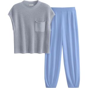 imagePRETTYGARDEN 2 Piece Outfits for Women Summer 2026 Knit Vest Tops Sweatpants Spring Beach Vacation Travel Sweater Lounge SetSky Blue