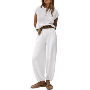 imagePRETTYGARDEN 2 Piece Outfits for Women Summer 2026 Knit Vest Tops Sweatpants Spring Beach Vacation Travel Sweater Lounge SetWhite