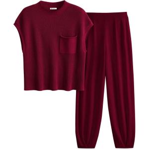 imagePRETTYGARDEN 2 Piece Outfits for Women Summer 2026 Knit Vest Tops Sweatpants Spring Beach Vacation Travel Sweater Lounge SetWine Red