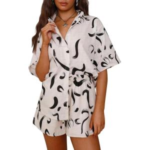 imagePRETTYGARDEN 2 Piece Sets for Women Summer Clothes 2026 Printed Button Down Shirts Tops Lounge Shorts Beach Vacation OutfitsBlack Brush