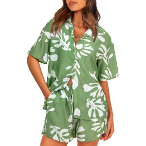 imagePRETTYGARDEN 2 Piece Sets for Women Summer Clothes 2026 Printed Button Down Shirts Tops Lounge Shorts Beach Vacation OutfitsGreen