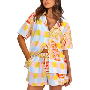 imagePRETTYGARDEN 2 Piece Sets for Women Summer Clothes 2026 Printed Button Down Shirts Tops Lounge Shorts Beach Vacation OutfitsMulti Print
