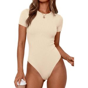 imagePRETTYGARDEN Body Suits for Womens Summer Tops 2026 Casual Short Sleeve Ribbed Fitted Basic Tee Shirts Spring Fashion ClothesBeige