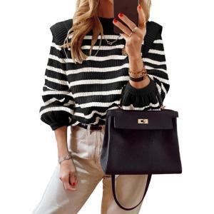 imagePRETTYGARDEN Fall Sweaters for Women 2025 Long Sleeve Crewneck Blouses Dressy Casual Ribbed Striped Knit Pullover Jumper TopsBlack