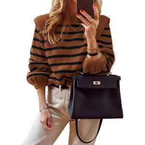 imagePRETTYGARDEN Fall Sweaters for Women 2025 Long Sleeve Crewneck Blouses Dressy Casual Ribbed Striped Knit Pullover Jumper TopsBrown