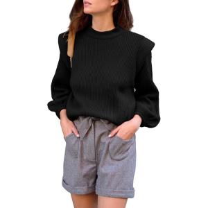 imagePRETTYGARDEN Fall Sweaters for Women 2025 Long Sleeve Crewneck Blouses Dressy Casual Ribbed Striped Knit Pullover Jumper TopsSolid Black