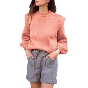 imagePRETTYGARDEN Fall Sweaters for Women 2025 Long Sleeve Crewneck Blouses Dressy Casual Ribbed Striped Knit Pullover Jumper TopsSolid Shrimp Pink