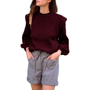 imagePRETTYGARDEN Fall Sweaters for Women 2025 Long Sleeve Crewneck Blouses Dressy Casual Ribbed Striped Knit Pullover Jumper TopsSolid Wine Red