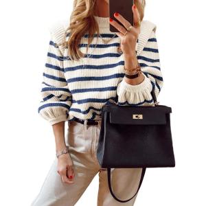 imagePRETTYGARDEN Fall Sweaters for Women 2025 Long Sleeve Crewneck Blouses Dressy Casual Ribbed Striped Knit Pullover Jumper TopsStriped Blue