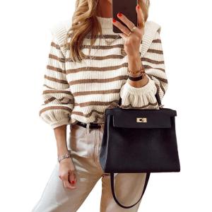 imagePRETTYGARDEN Fall Sweaters for Women 2025 Long Sleeve Crewneck Blouses Dressy Casual Ribbed Striped Knit Pullover Jumper TopsStriped Brown