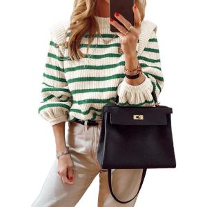 imagePRETTYGARDEN Fall Sweaters for Women 2025 Long Sleeve Crewneck Blouses Dressy Casual Ribbed Striped Knit Pullover Jumper TopsStriped Green