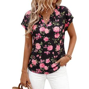 imagePRETTYGARDEN Rolled Short Sleeve Womens Tops Dressy Casual T Shirts Summer Floral V Neck Chiffon Blouses Vacation OutfitsBlack Pink Floral