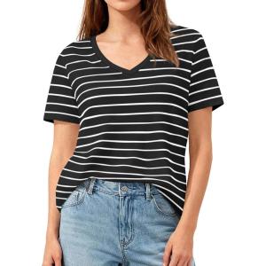 imagePRETTYGARDEN Short Sleeve Shirts for Women 2026 Spring V Neck Cute Tops Casual Striped Shirt Knitted Tees Summer OutfitsStriped Black White