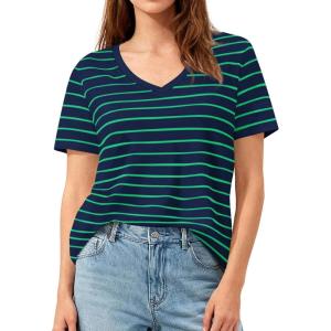 imagePRETTYGARDEN Short Sleeve Shirts for Women 2026 Spring V Neck Cute Tops Casual Striped Shirt Knitted Tees Summer OutfitsStriped Blue Green
