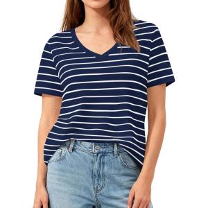 imagePRETTYGARDEN Short Sleeve Shirts for Women 2026 Spring V Neck Cute Tops Casual Striped Shirt Knitted Tees Summer OutfitsStriped Grey Blue White