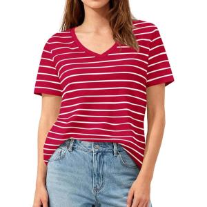 imagePRETTYGARDEN Short Sleeve Shirts for Women 2026 Spring V Neck Cute Tops Casual Striped Shirt Knitted Tees Summer OutfitsStriped Red White