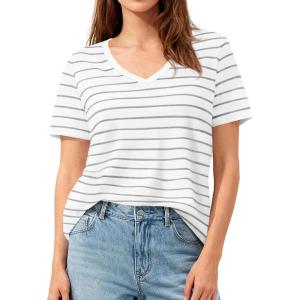 imagePRETTYGARDEN Short Sleeve Shirts for Women 2026 Spring V Neck Cute Tops Casual Striped Shirt Knitted Tees Summer OutfitsStriped White Grey