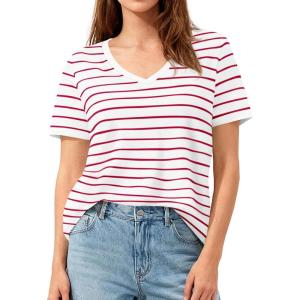 imagePRETTYGARDEN Short Sleeve Shirts for Women 2026 Spring V Neck Cute Tops Casual Striped Shirt Knitted Tees Summer OutfitsStriped White Red