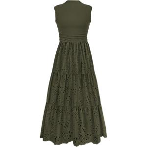 imagePRETTYGARDEN Summer Dresses for Women 2026 Casual Eyelet Sleeveless Wedding Guest Maxi Dress Tank Top Sundress with PocketsArmy Green