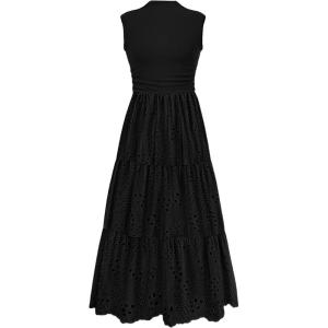 imagePRETTYGARDEN Summer Dresses for Women 2026 Casual Eyelet Sleeveless Wedding Guest Maxi Dress Tank Top Sundress with PocketsBlack