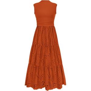 imagePRETTYGARDEN Summer Dresses for Women 2026 Casual Eyelet Sleeveless Wedding Guest Maxi Dress Tank Top Sundress with PocketsBrick Red