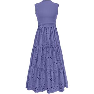 imagePRETTYGARDEN Summer Dresses for Women 2026 Casual Eyelet Sleeveless Wedding Guest Maxi Dress Tank Top Sundress with PocketsDark Blue