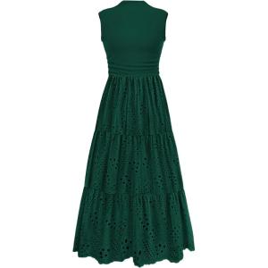 imagePRETTYGARDEN Summer Dresses for Women 2026 Casual Eyelet Sleeveless Wedding Guest Maxi Dress Tank Top Sundress with PocketsDark Green
